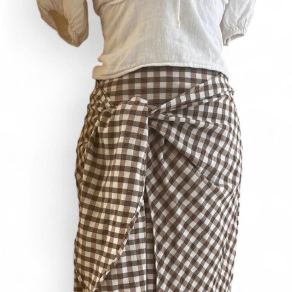 ZARA Brown & White Gingham Wrap Skirt Size S